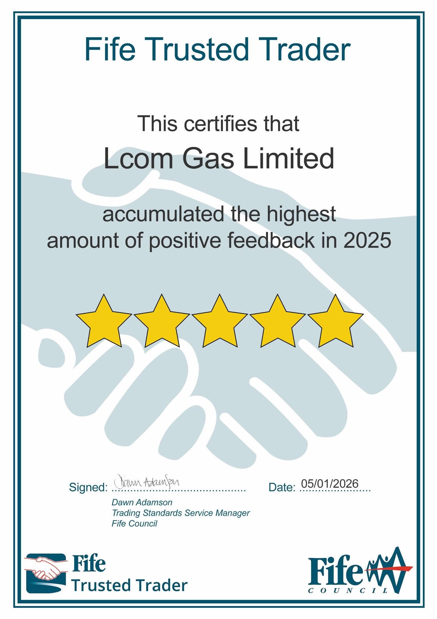 Lcom Gas Ltd five-star Trusted Trader certificate