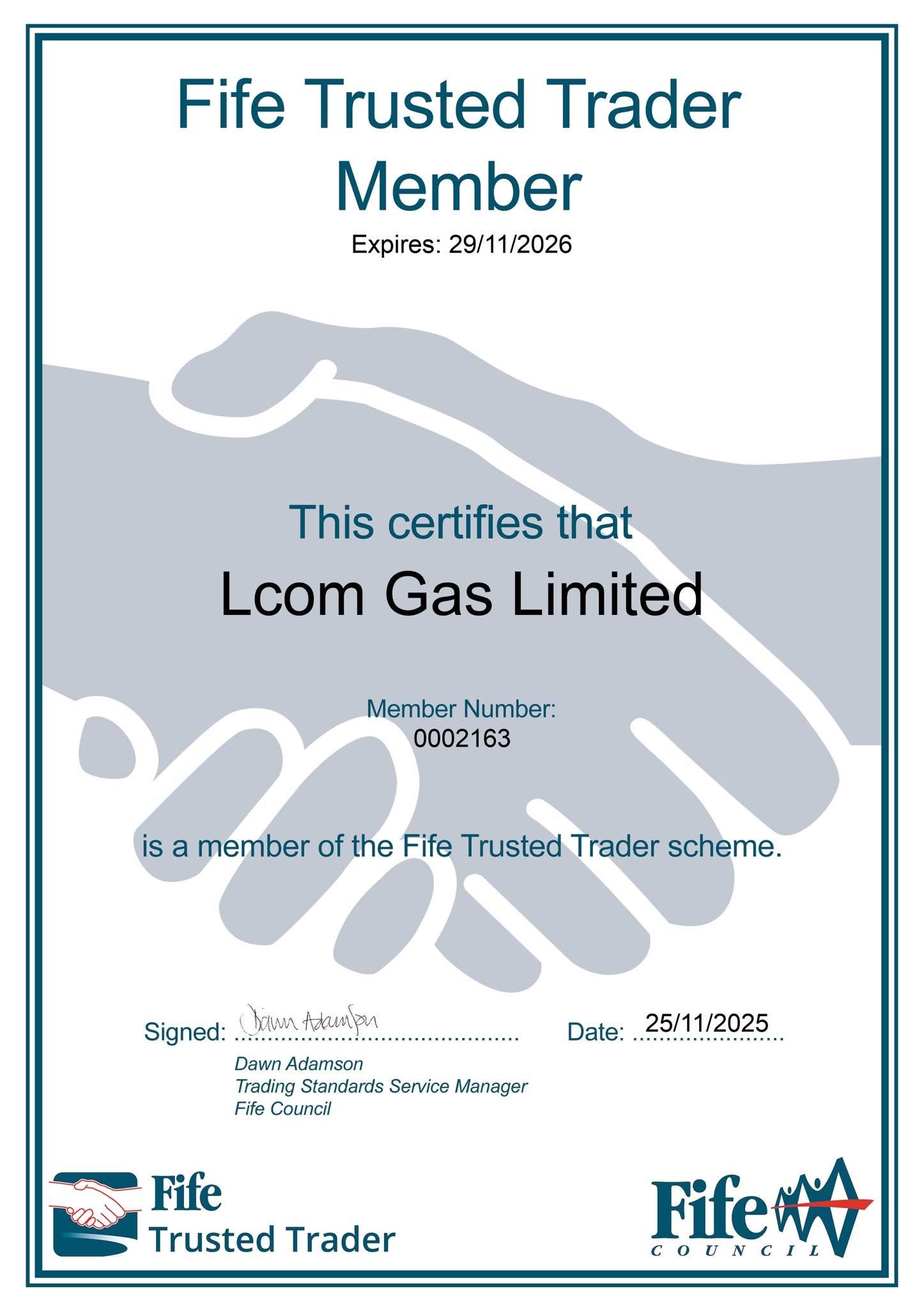 Lcom Gas Ltd Fife Trusted Trader member certificate